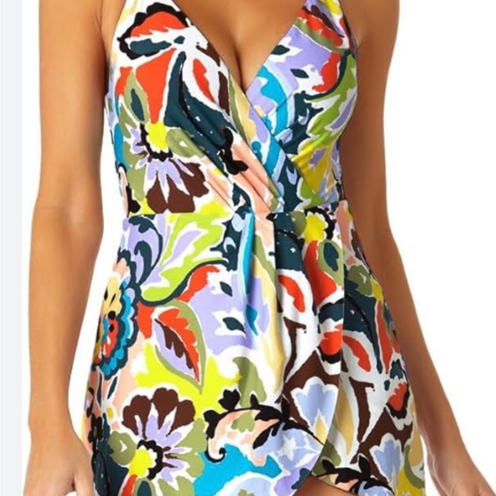 Anne Cole Multicolor Floral One Piece Surplice Maillot Swimsuit Swim Dress